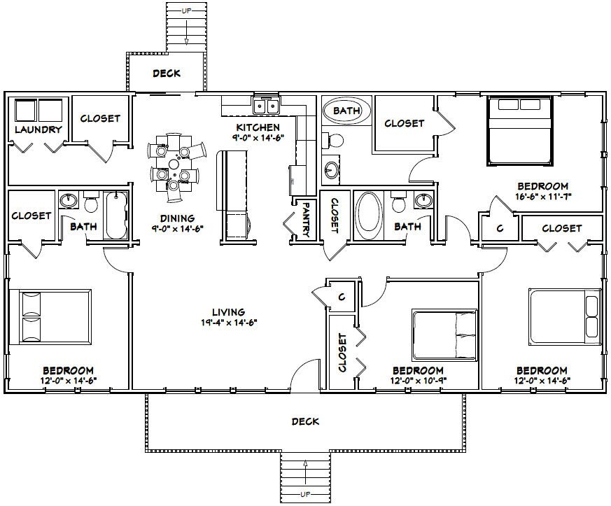 60×30 House — 4 bedroom 3 Bath — 1,800 sqft — PDF Floor Plan — Model 2C