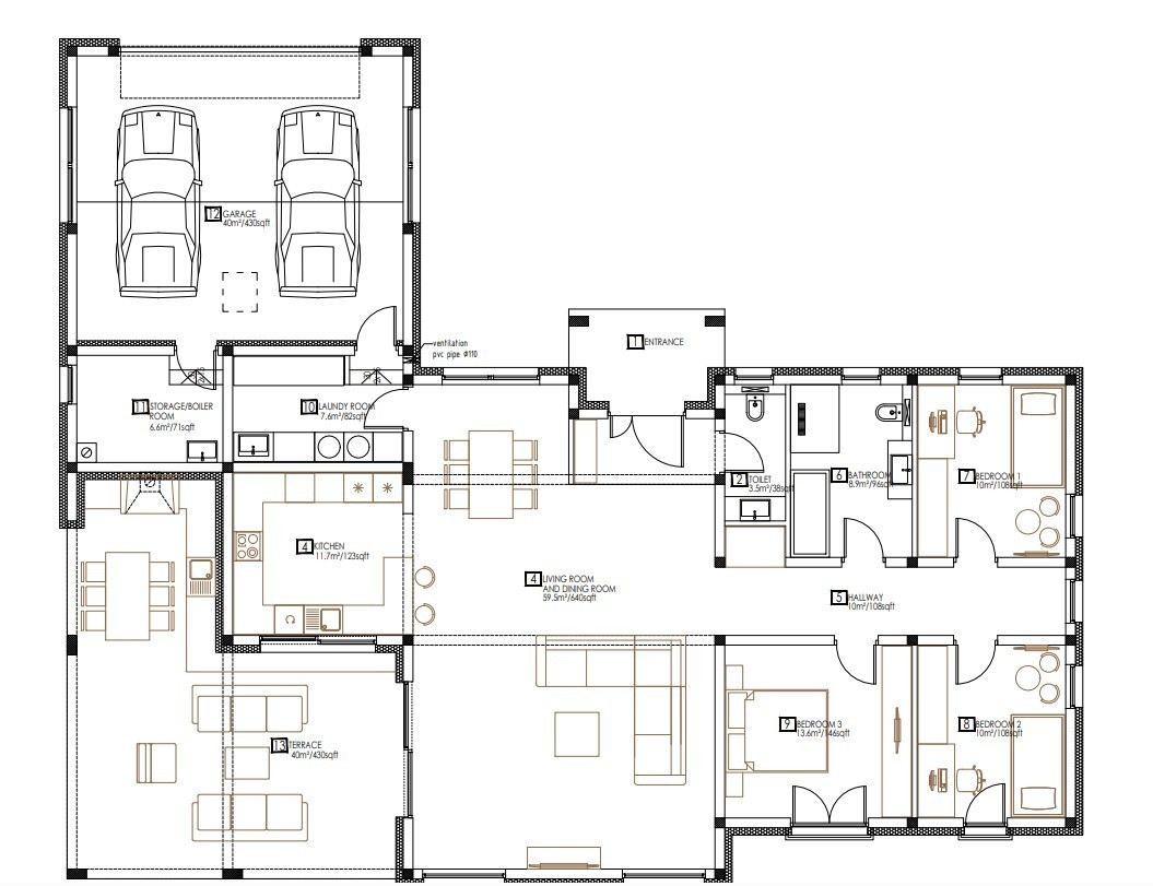 Modern 3 Bedroom 1.5 Bathroom House Floor Plans Blueprints CAD, 1953SQFT/181.4m2