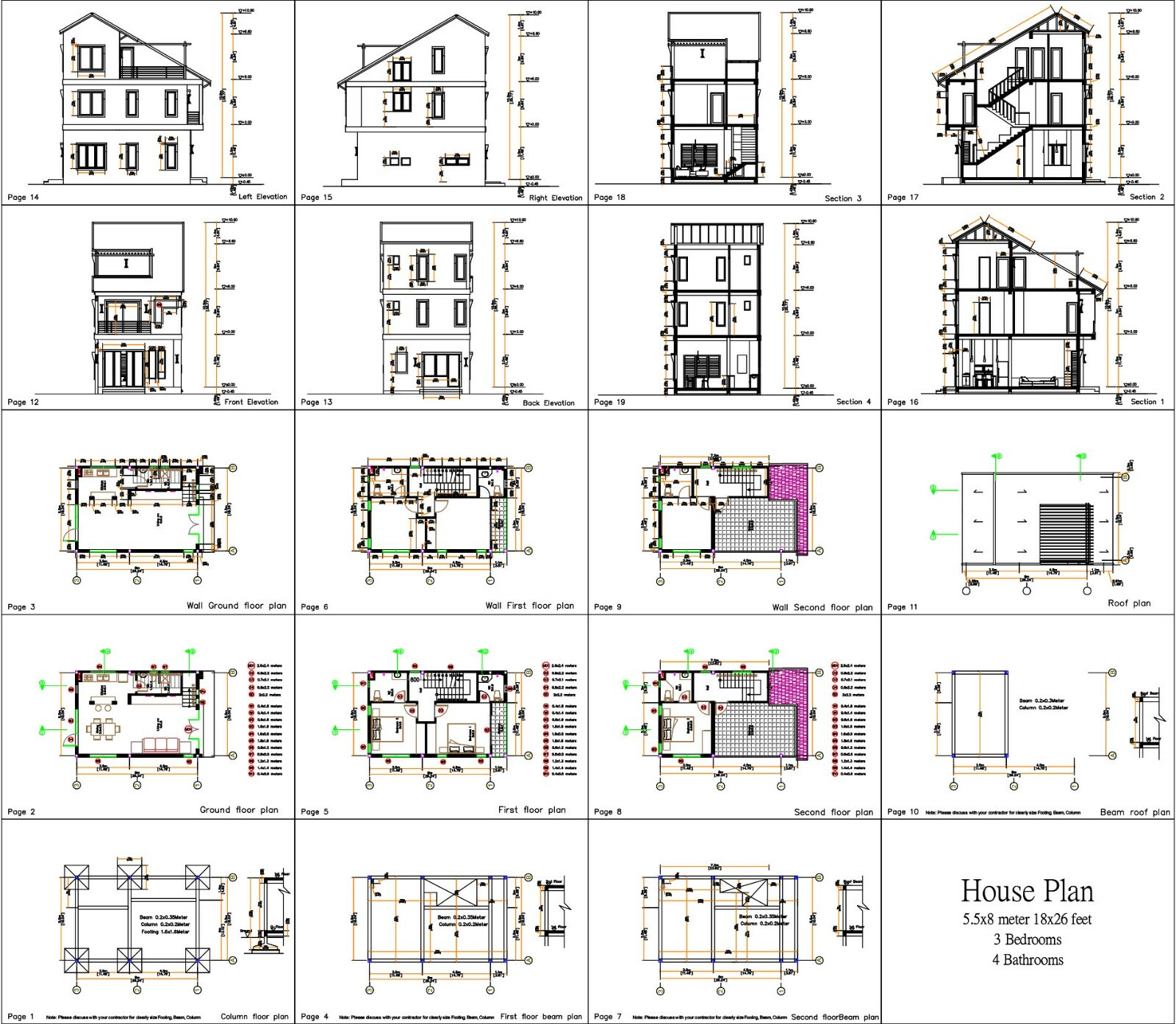 Small House Design 5.5×8 Meter 18×26 Feet 3 Beds 4 Baths Gable Roof A4 Hard Copy
