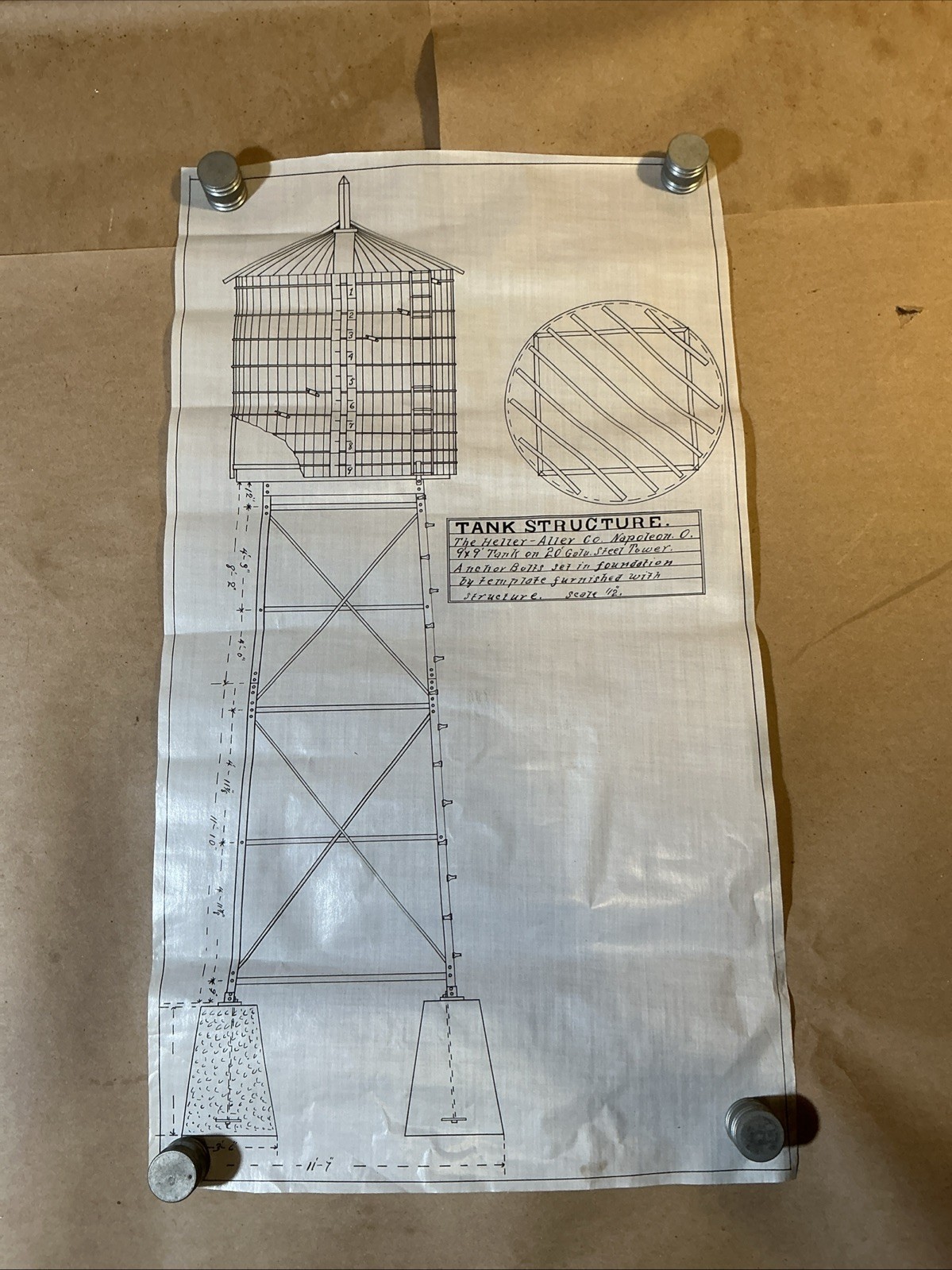 Early 1900s Mechanical Drawing Of Water Tower Heller-Alley Co. As Is INV-JDH14