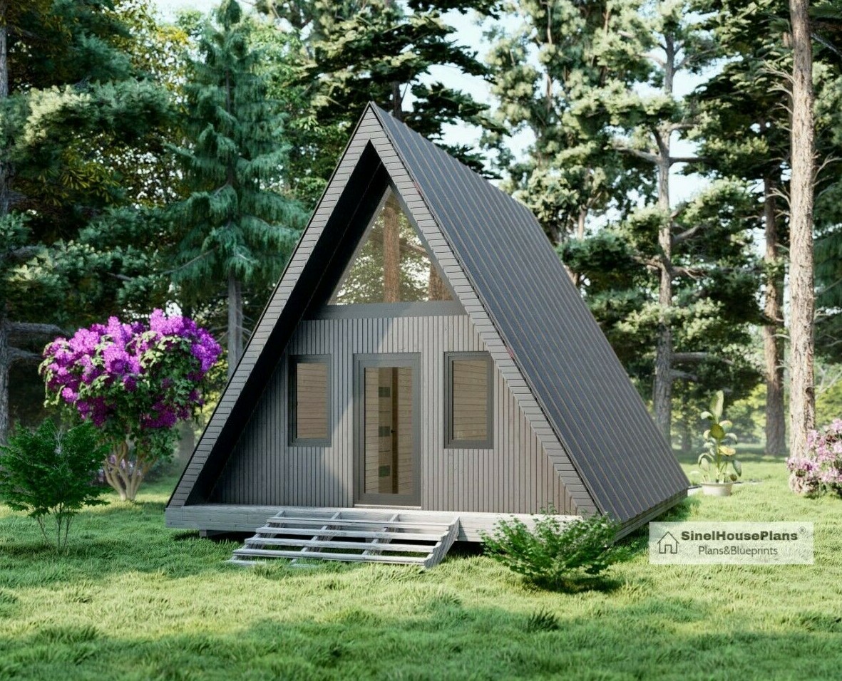 A-Frame Cabin two Story Cottage Plans,20’x26′ Triangular house Building Drawings