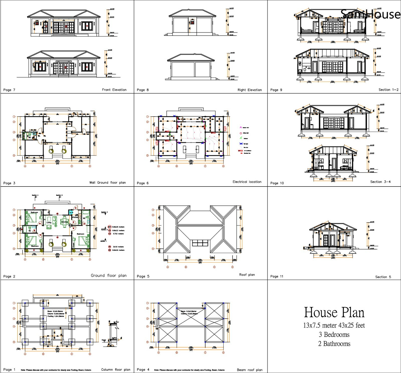 Custom House Plan 43×25 Feet 13×7.5 Meter 3 Beds 2 Baths Hip Roof (A4 Hard Copy)