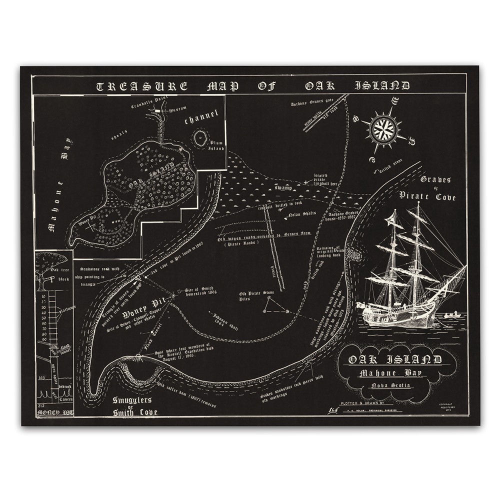 Oak Island Treasure Map Vintage Pirate Chart Nova Scotia Historic Wall Art