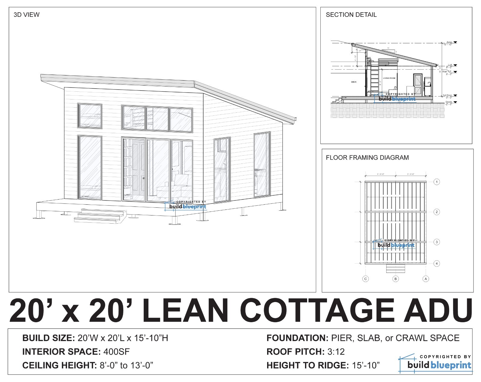 20×20 Lean Modern Cottage Custom Architectural Plans 400SF – PDF Download