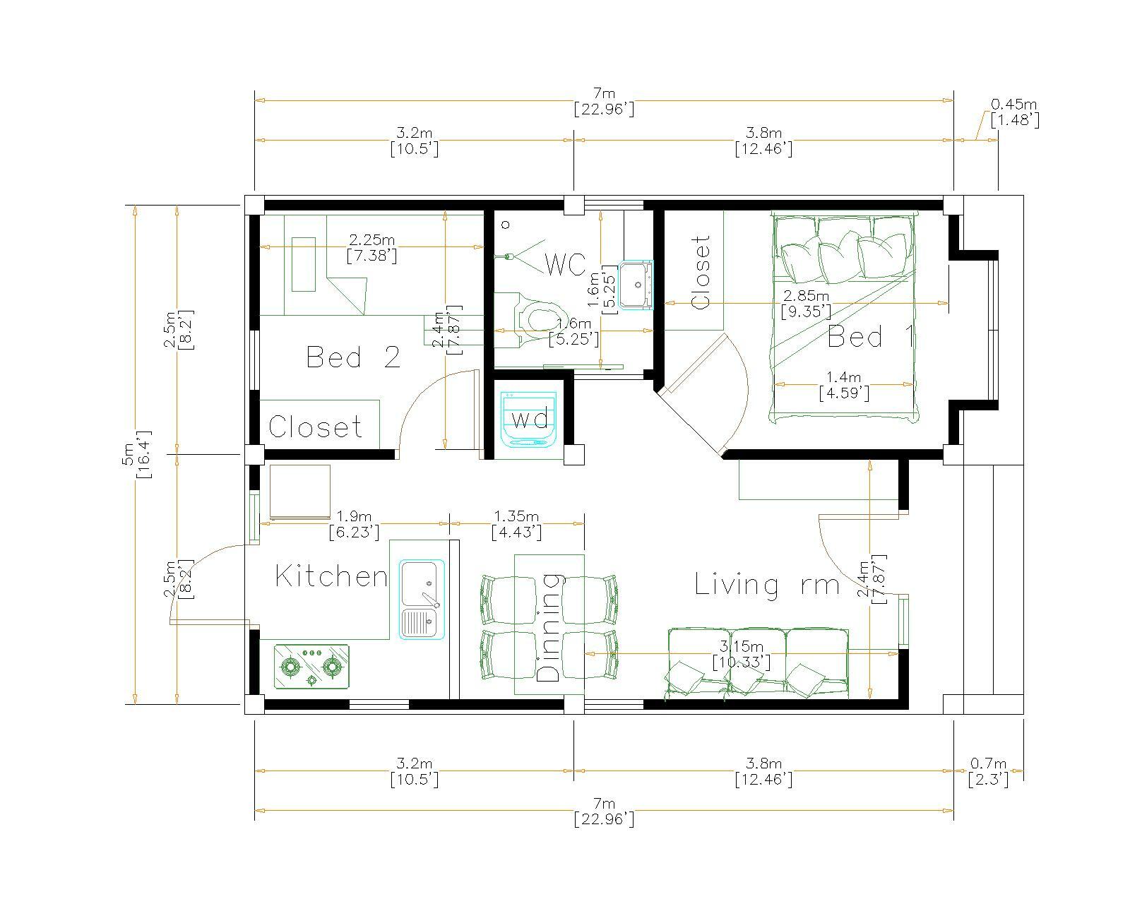 16×23 Feet Small House Plan 5×7 Meter 2 Beds 1 Bath Flat Roof PDF (A4 Hard Copy)