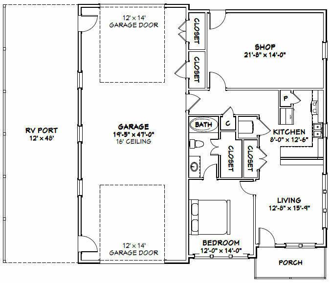 46×48 House – 1 Bedroom 1 Bath 1 RV – 1,157 sqft – PDF Floor Plan – Model 1E