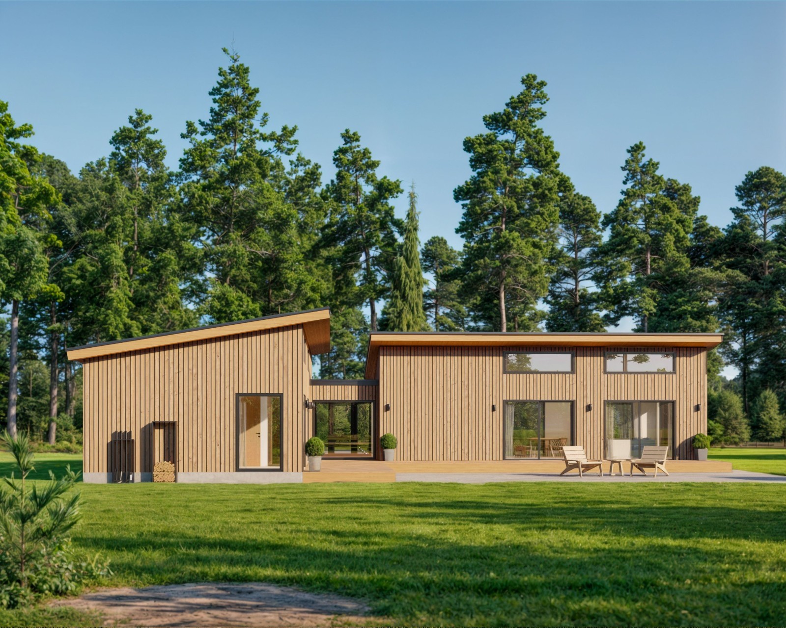 Modern Cabin House, L-shape House, 3 Bed 2 Bath, 1600 Sq Ft, Architectural Plans