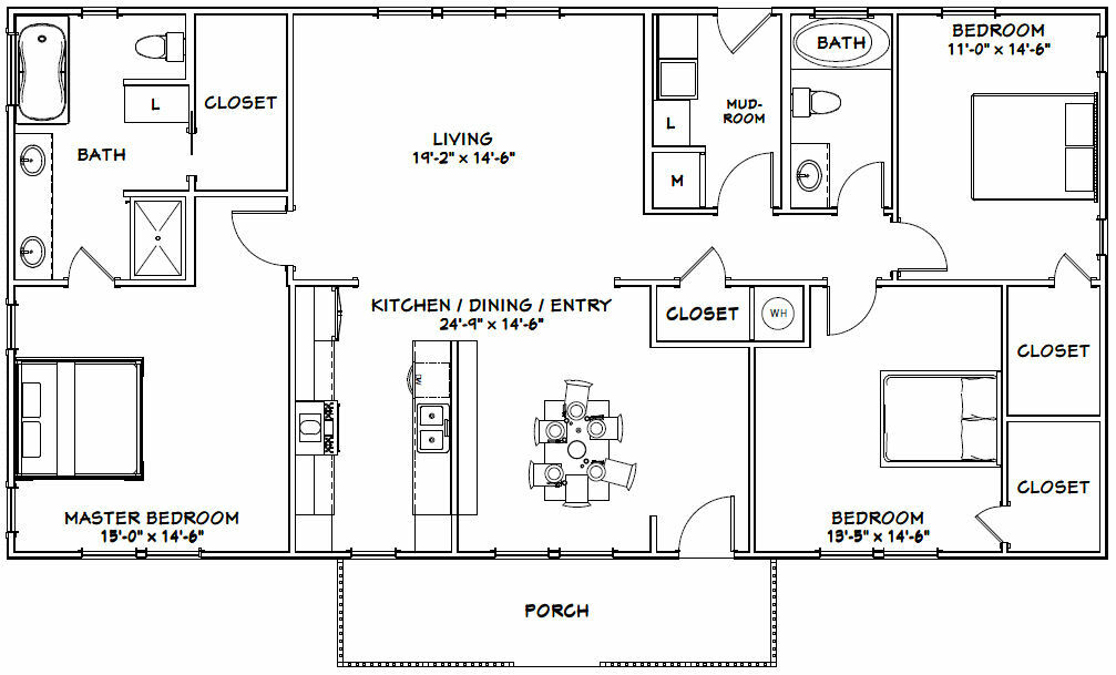 60×30 House — 3 bedroom 2 Bath — 1,800 sqft — PDF Floor Plan — Model 3E