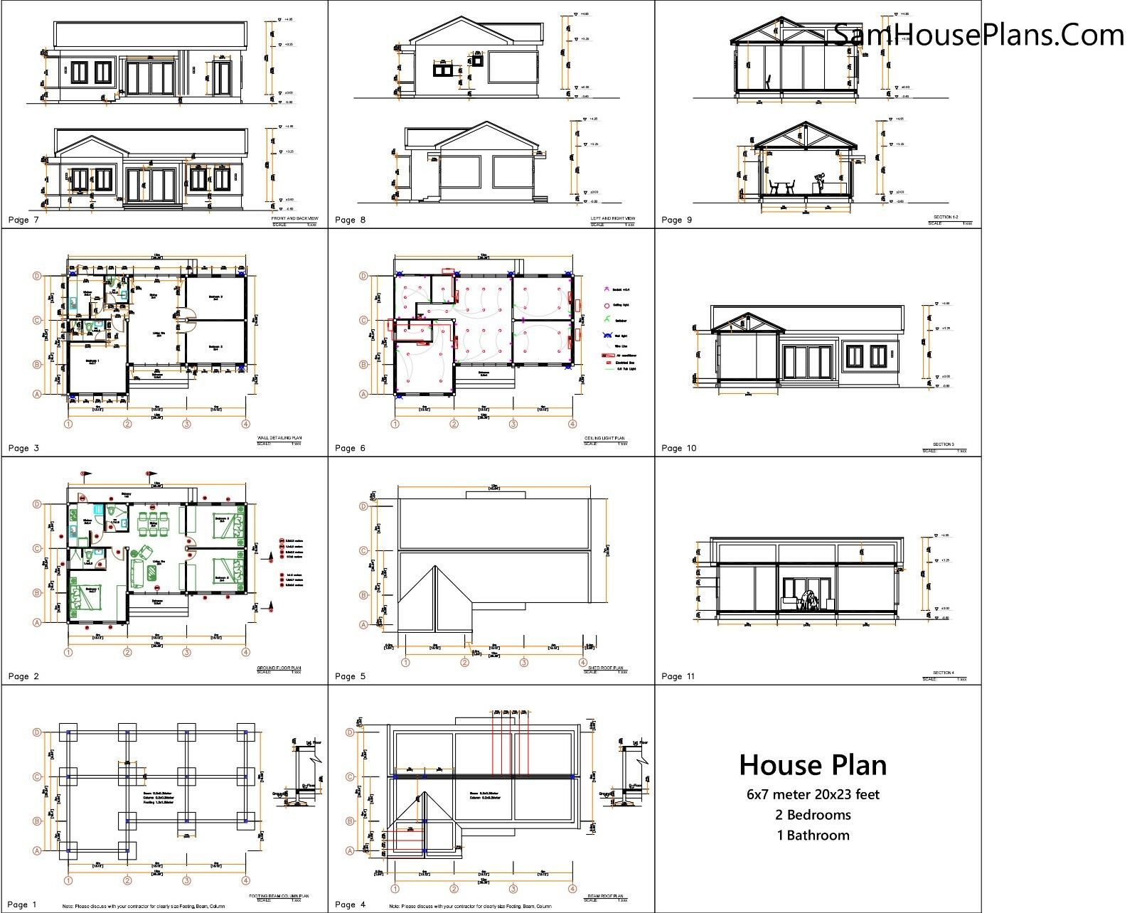 Bungalow House Plan 12×8 Meter 40×27 Feet 3 Beds 2 Baths Gable Roof A4 Hard Copy