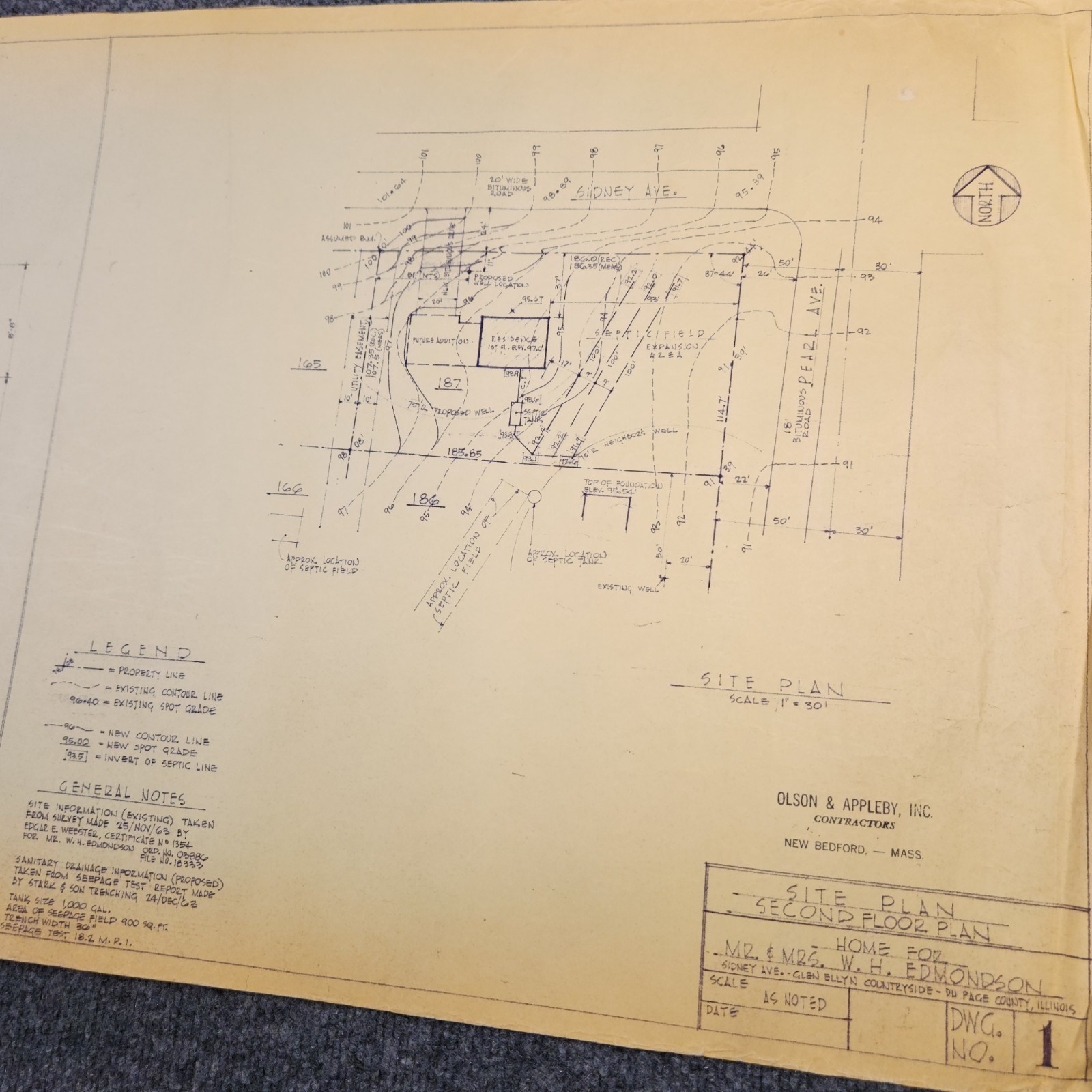 Vintage House Blueprint 33×17 1964 Mid Century Modern Drawing Art Glen Ellyn IL