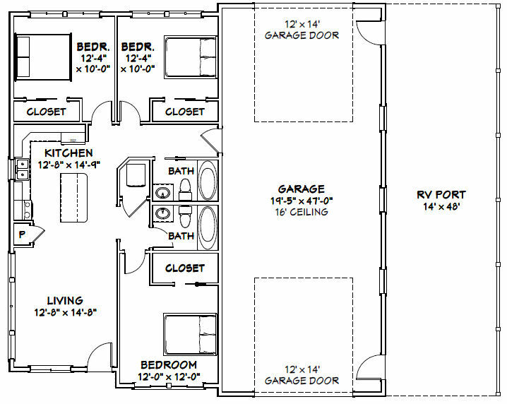 46×48 House – 3 Bedroom 2 Bath 1 RV – 1,157 sqft – PDF Floor Plan – Model 4