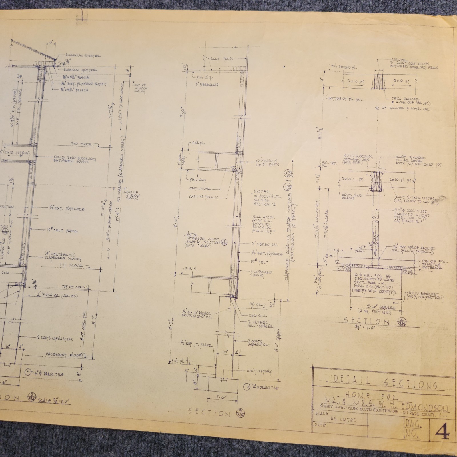 Vintage House Blueprint 33×17 1964 Mid Century Modern Drawing Art Glen Ellyn IL
