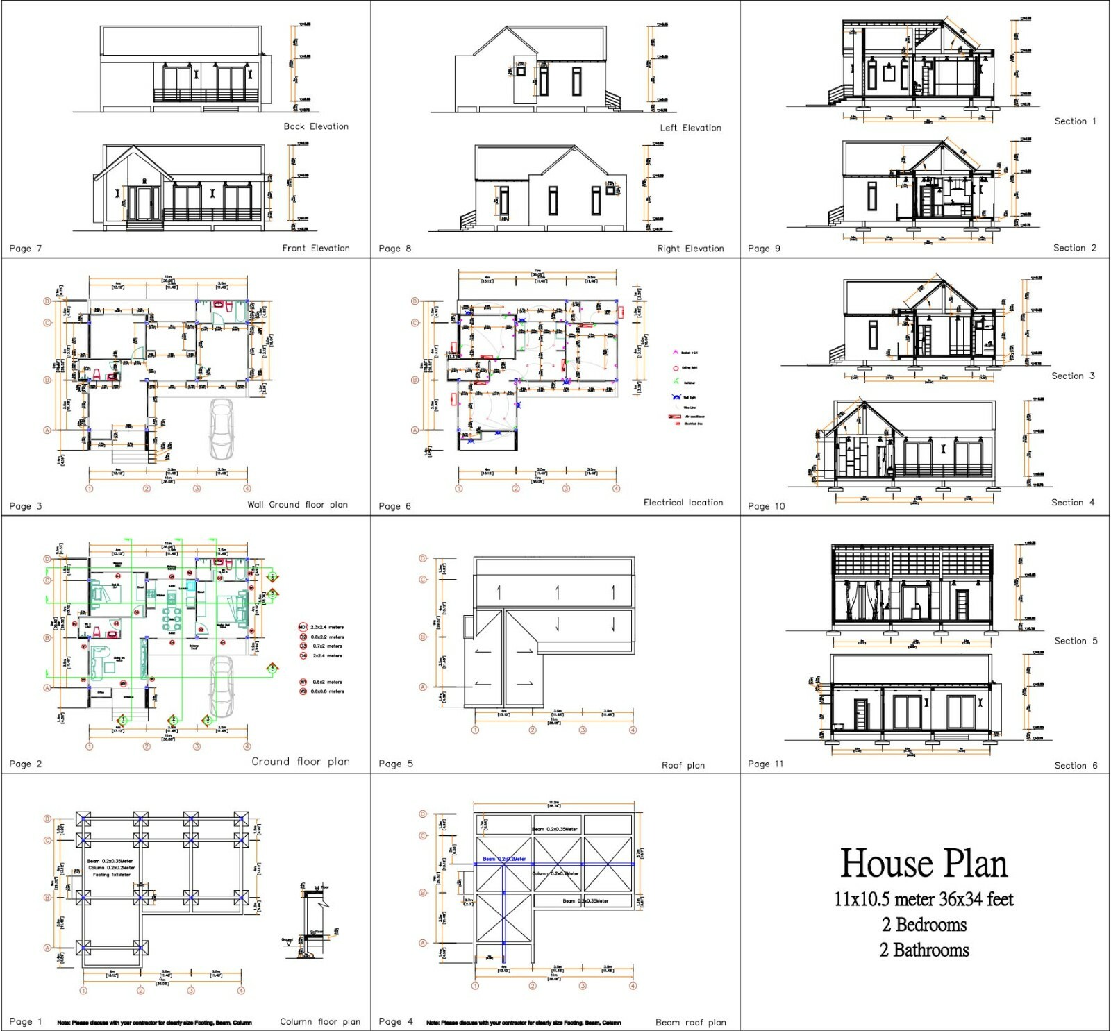 36×34 Feet Modern House Plan 11×10.5 Meter 2 Beds 2 Baths Gable (A4 Hard Copy)
