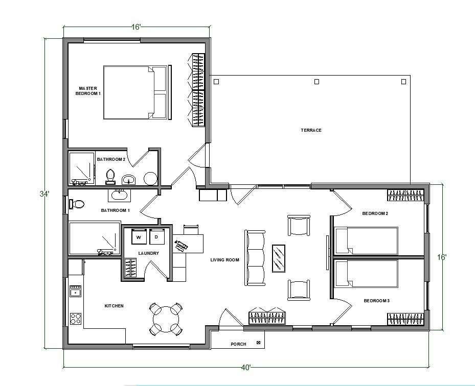 Cottage Plan – 3 Beds 2 Baths , 1204 sq ft, L-Shaped Small House Blueprints