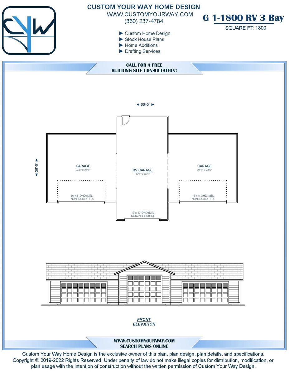 Garage Plan G 1-1800 RV 3 BAY