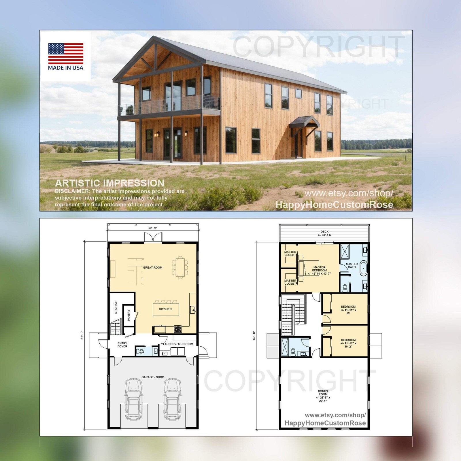 Tall Oak 2 story Barndominium House Plan Design – 3 Bed 2.5 Bath 2300 sq ft – 2
