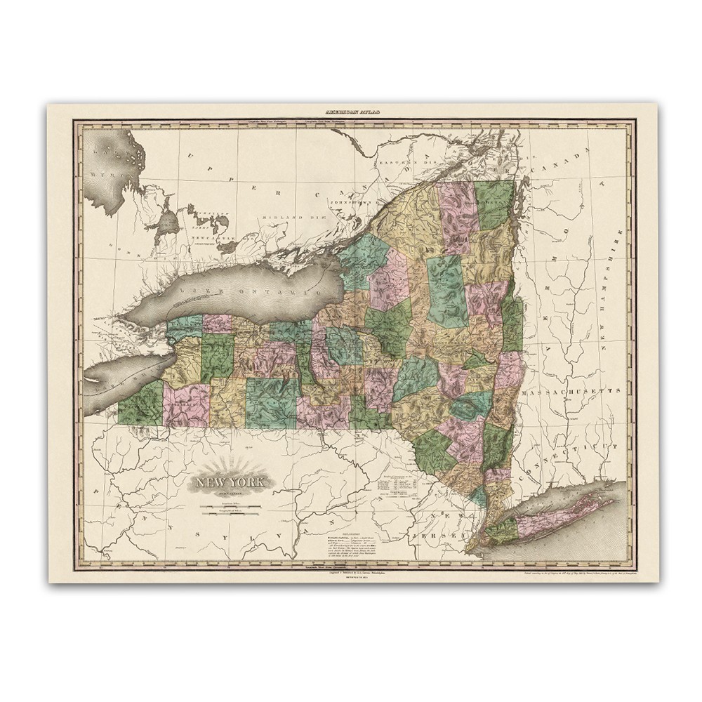 New York State 1823 Antique Map Vintage County Chart Historic Wall Art