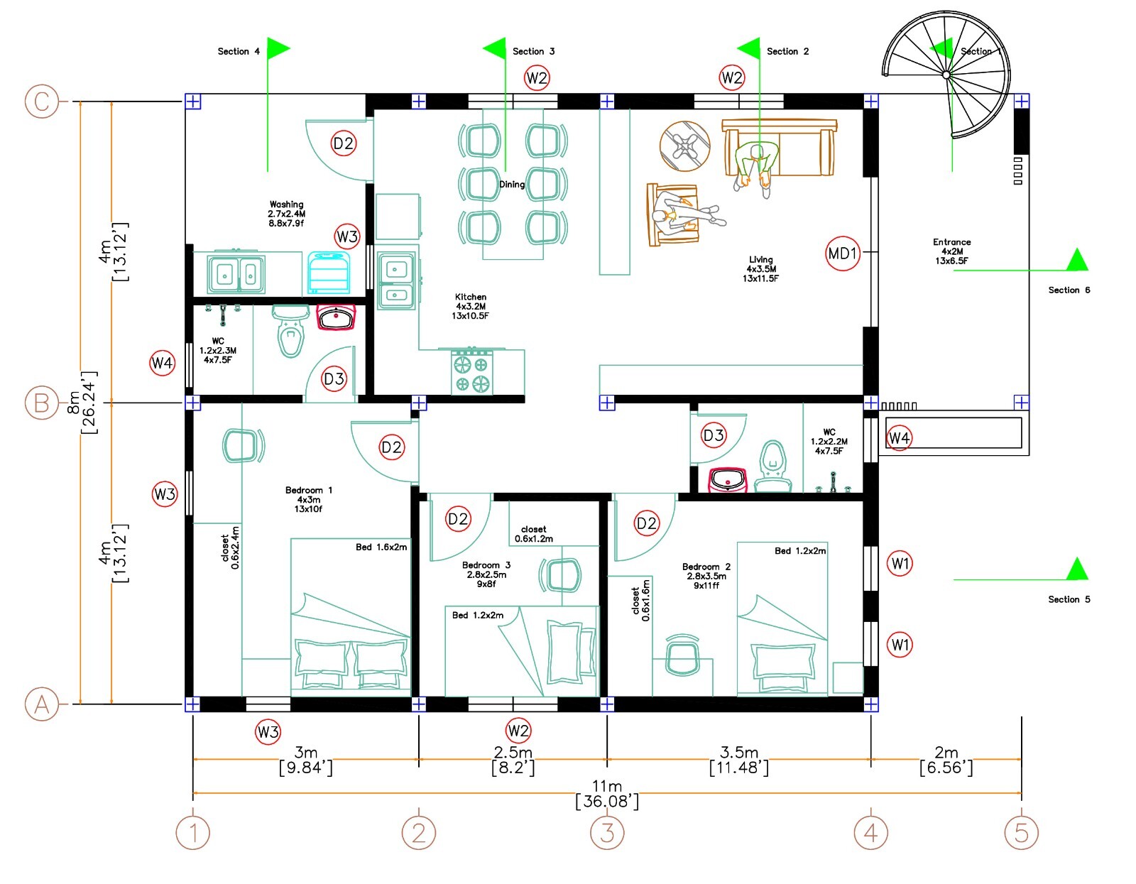 26×36 Feet Small House Plan 8×11 Meter 3 Beds 2 Baths Shed PDF (A4 Hard Copy)