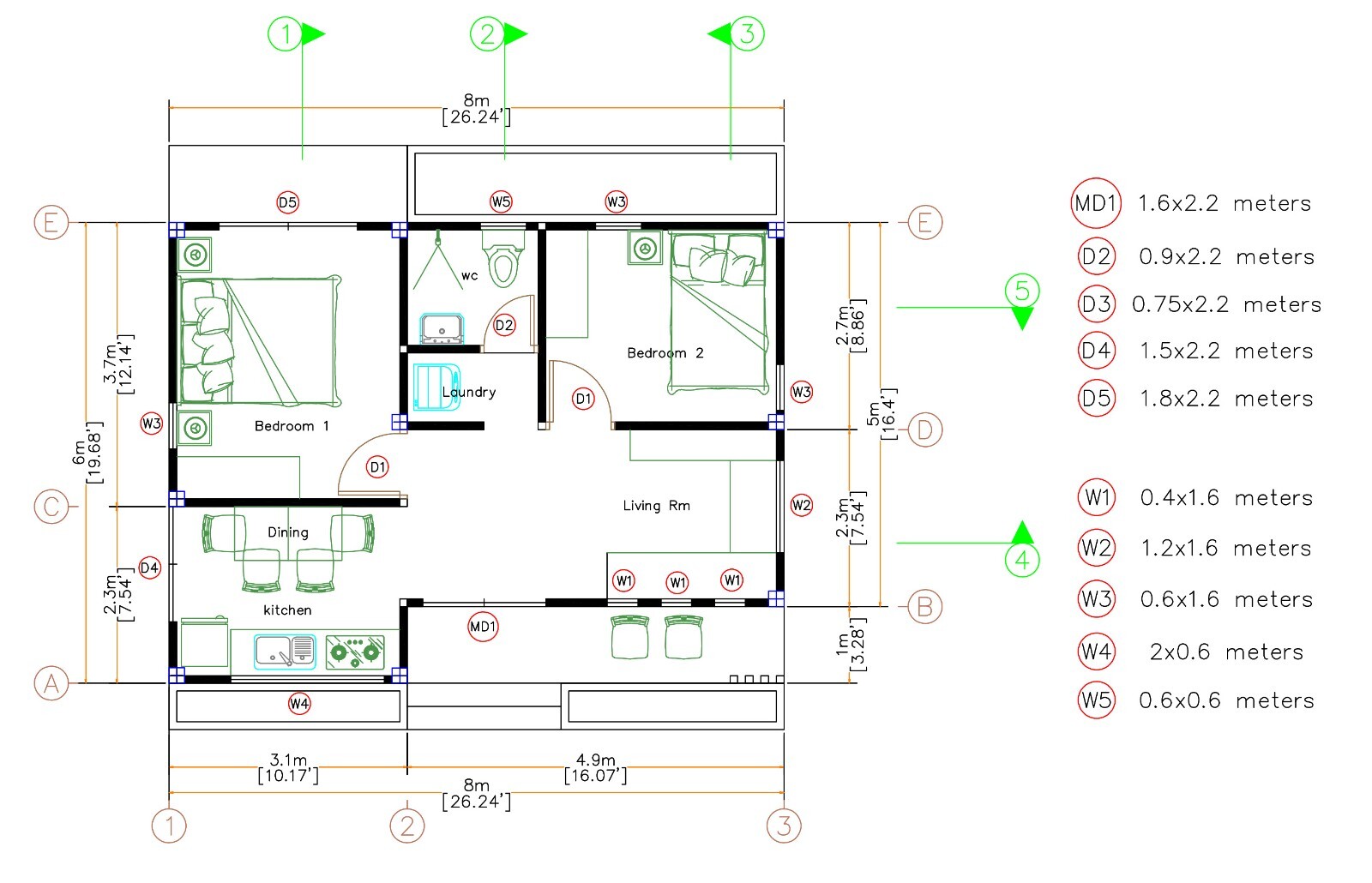 26×20 Feet House Design 8×6 Meter 2 Beds 1 Bath Shed Roof PDF (A4 Hard Copy)
