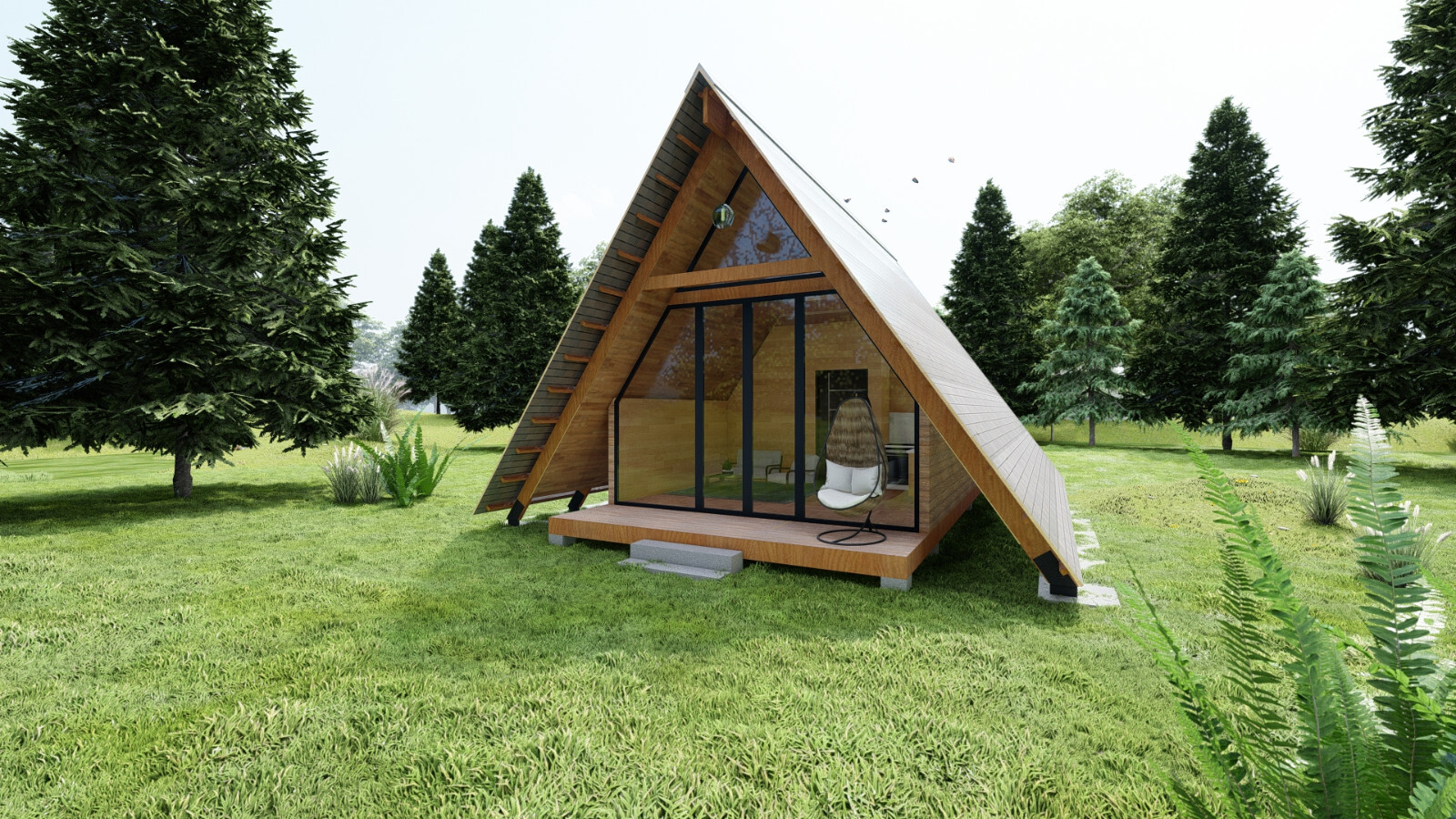 19’-6’’ x 14’-0’’ Modern A–Frame Cabin Plan with 3D Images