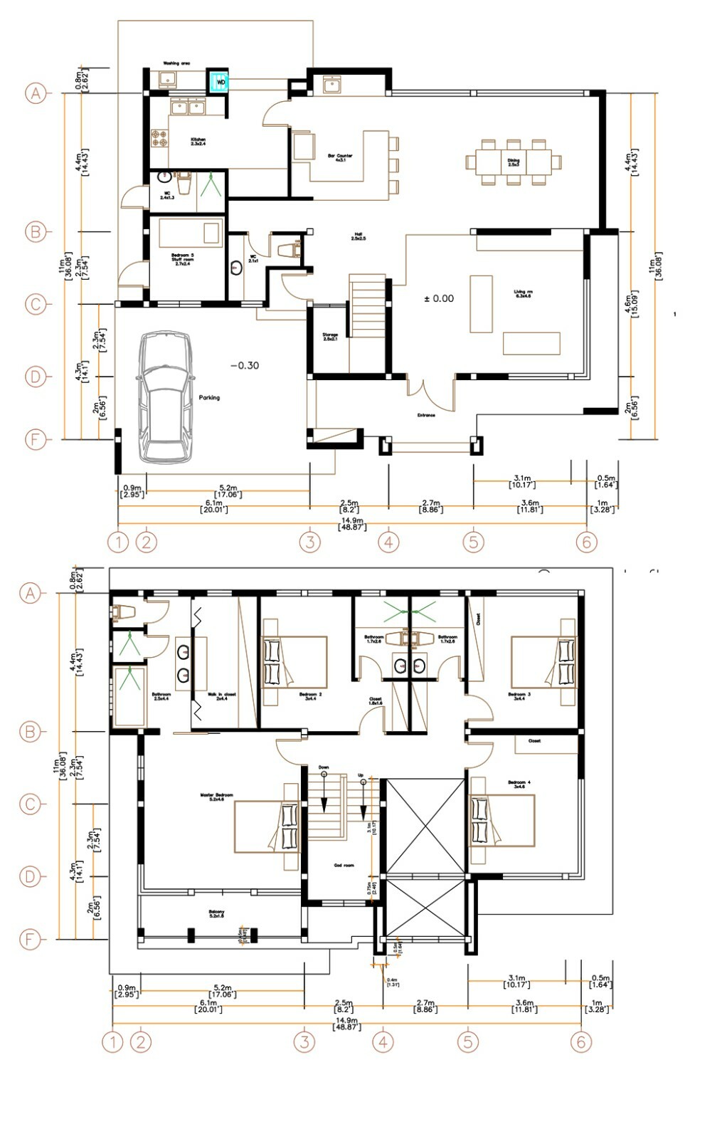 Custom House Plans 15×11 Meter 49×36 Feet 5 Beds 5 Baths Hip Roof (A4 Hard Copy)