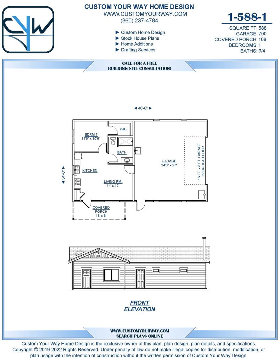 House Plan G 1-588-1, One-Story 588 sq. ft. Plan