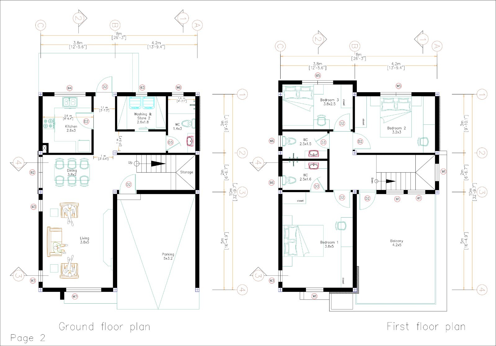 26×33 Feet House Design Plan 8×10 Meter 3 Beds 3 Baths Shed Roof (A4 Hard Copy)