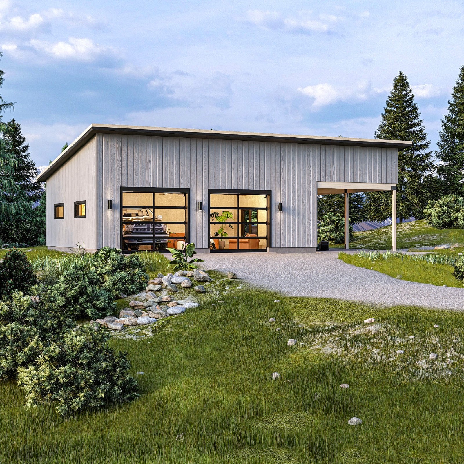 Modern 2-Car Garage Plan with Carport/ Detached Garage Blueprints