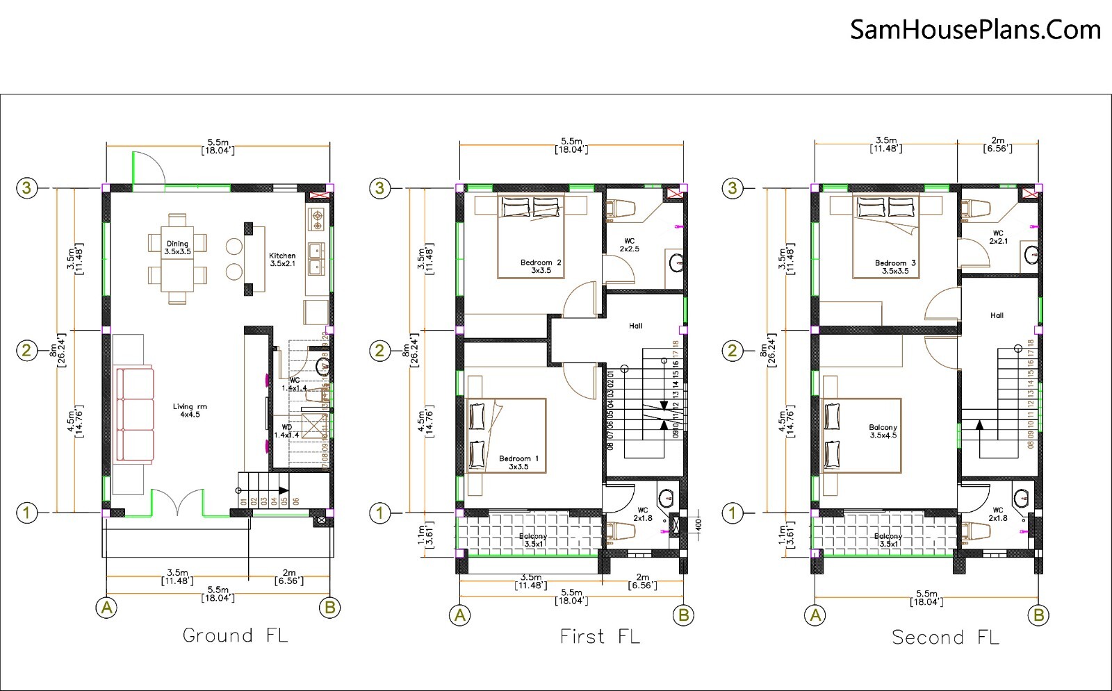 18×26 Feet 4 Beds 5 Baths House Plans 5.5×8 Meter Shed Roof (A4 Hard Copy)