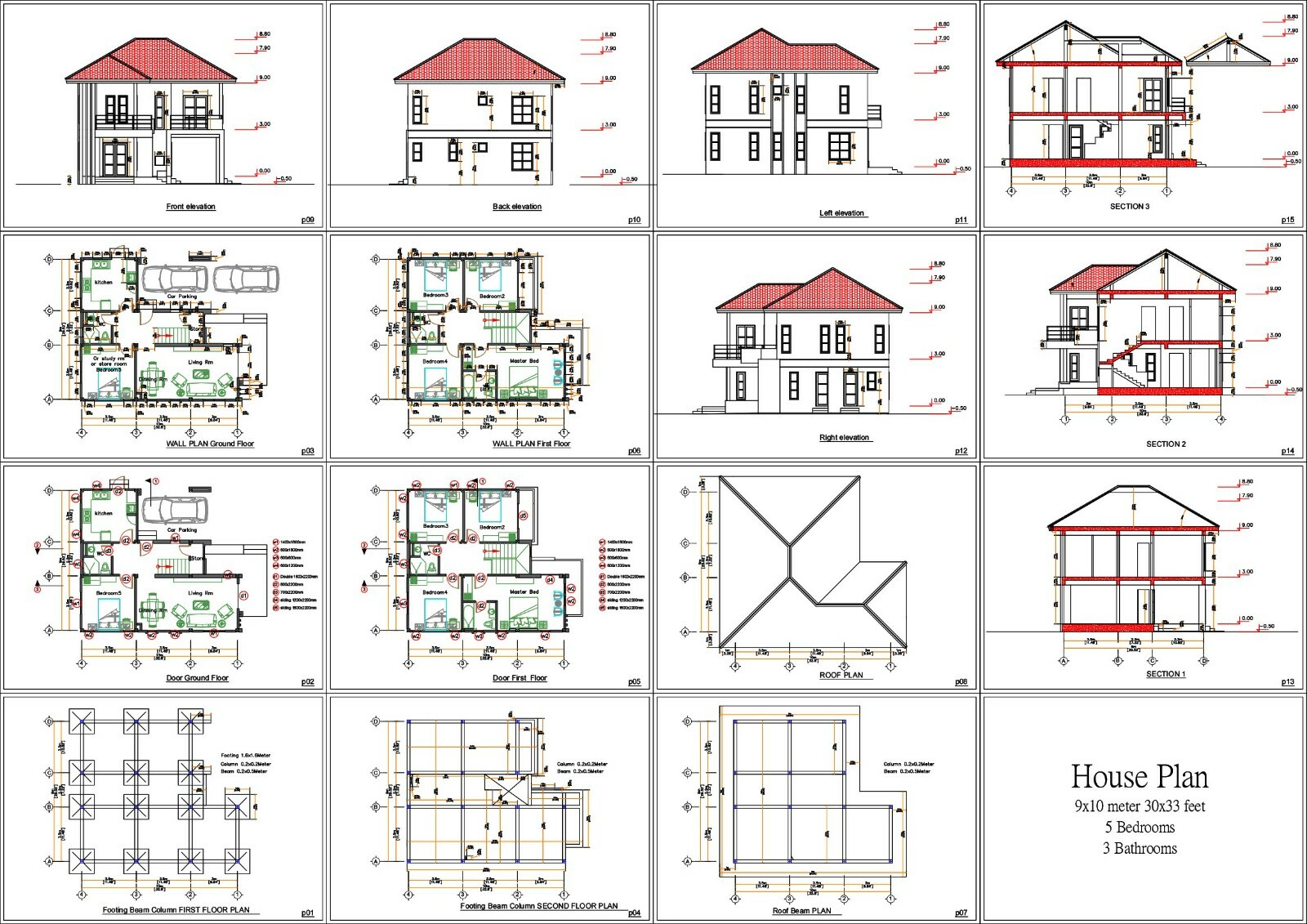 Custom House Plan 9×10 Meter 30×33 Feet 5 Beds 3 Baths Hip Roof (A4 Hard Copy)