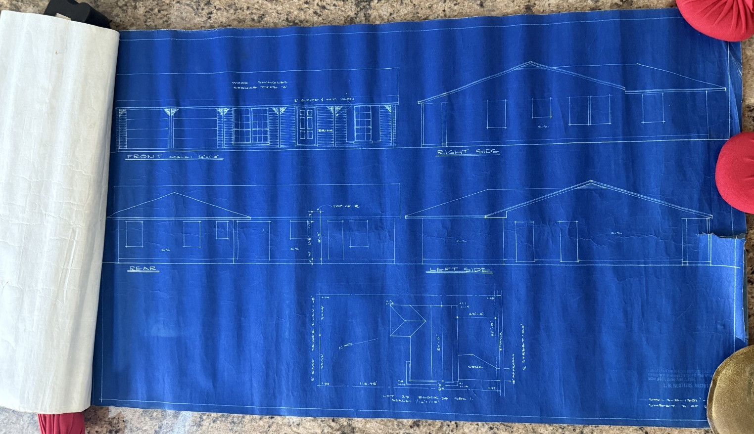 Lot of 3 1954 Architectural Blueprints L.B. Wootters Architects Houston Texas