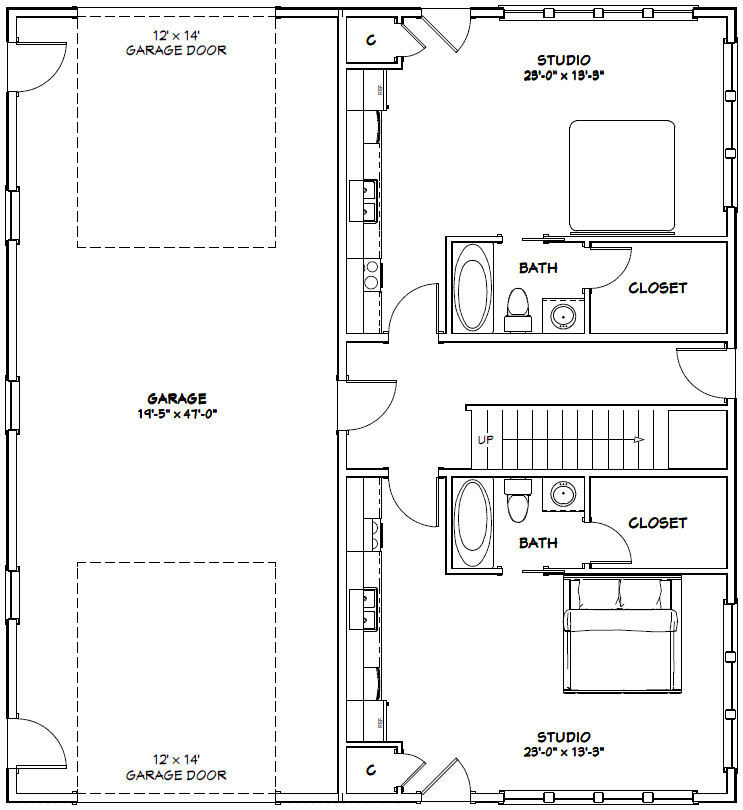 44×48 4-Plex with 1-RV Garage – PDF FloorPlan – 2,230 sqft – Model 4B
