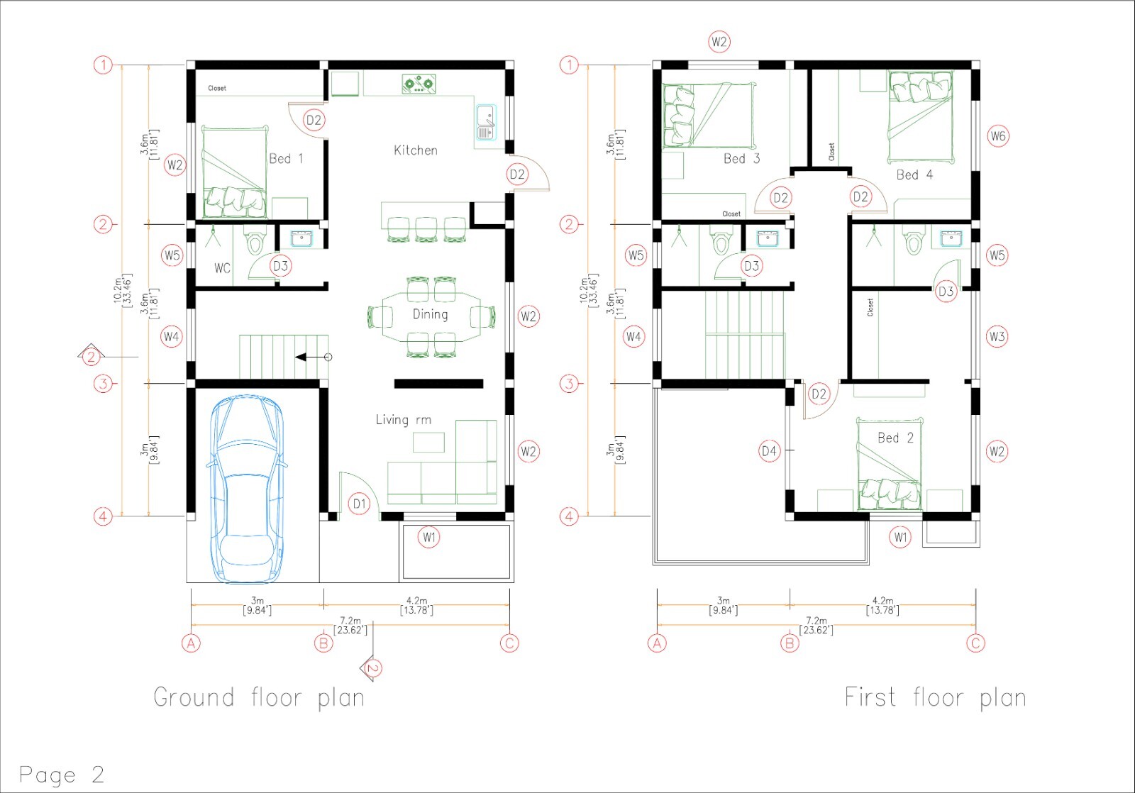 23×33 Feet House Design Plans 7×10 Meter 4 Beds 3 Baths Flat Roof (A4 Hard Copy)