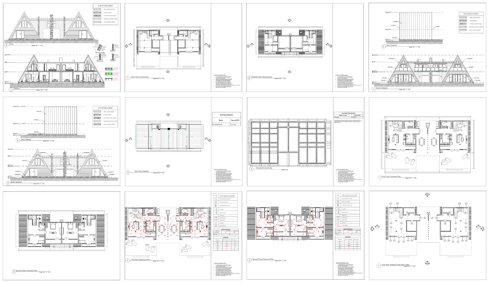 86’x49’ 4 Beds, 4 Baths Double A-Frame House Architecture Plans PDF Download.