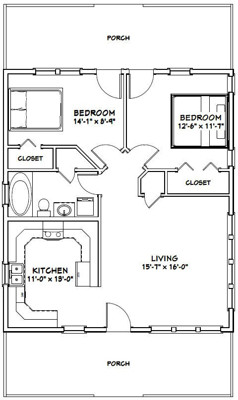 28×32 House — 2 Bedroom 1 Bath — 895 sq ft — PDF Floor Plan — Model 1G