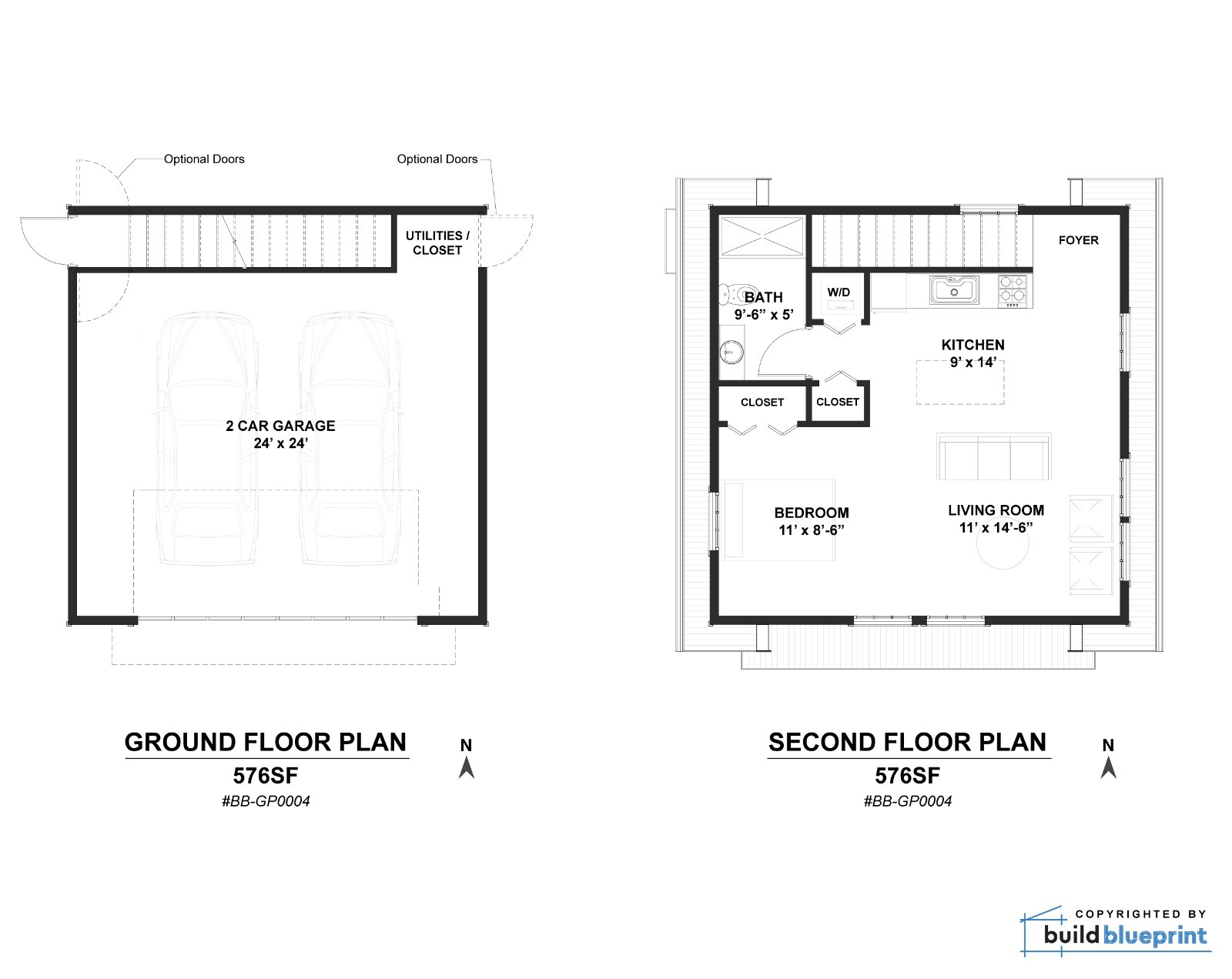 24′ x 24′ Two Car ADU Garage Loft Architectural Plans – PDF Download