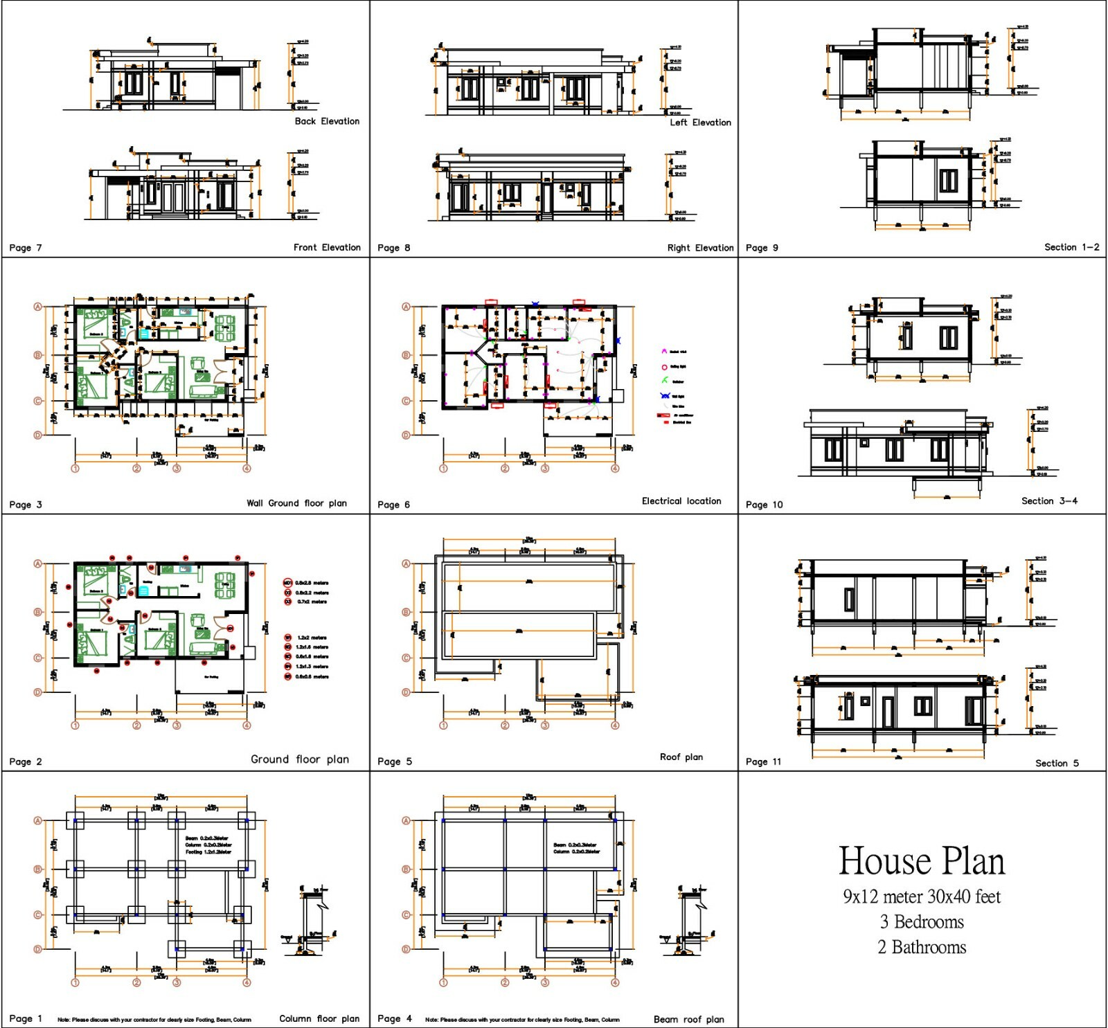 House Design Plan 9×12 Meter 30×40 Feet 3 Bedrooms Terrace Roof (A4 Hard Copy)