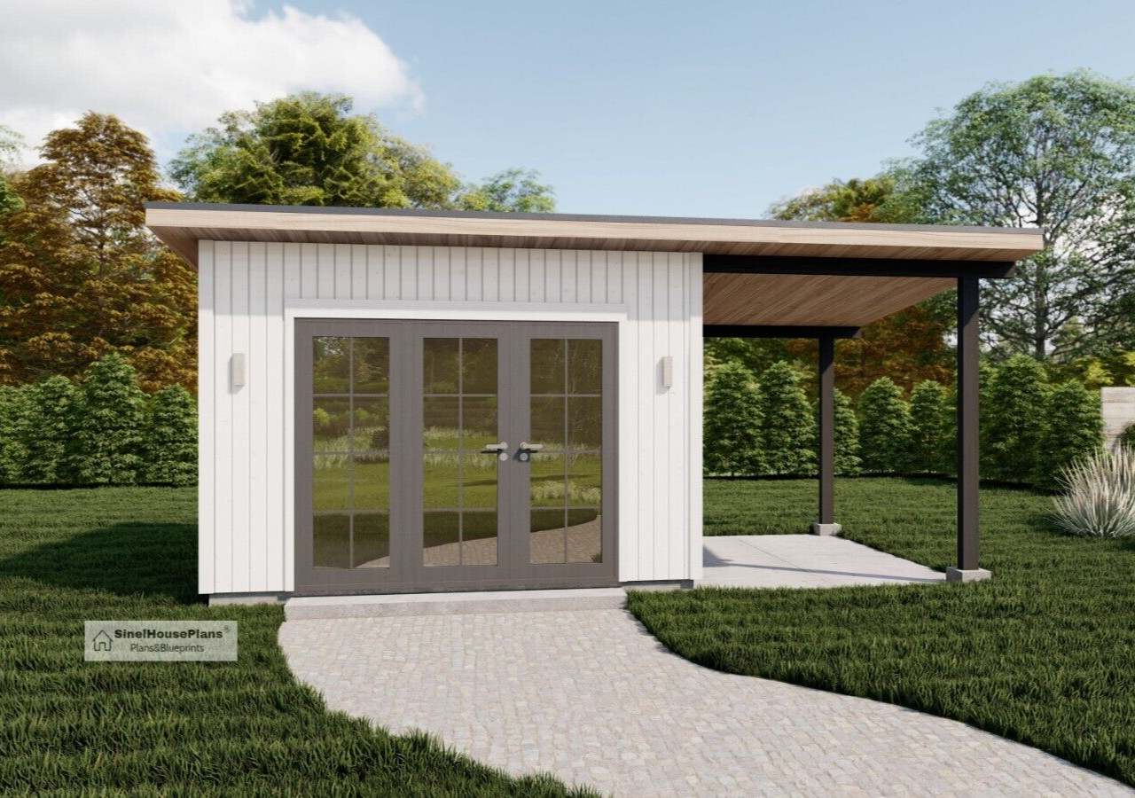10’x20′ Modern Garden Shed Plans with Porch, Backyard Studio House blueprints