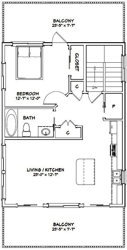24×32 House — 1 Bedroom 1.5 Bath — 830 sq ft — PDF Floor Plan — Model 7A
