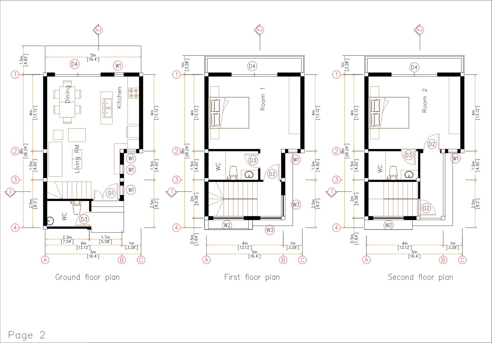17×26 Small Home Design Plan 5×8 Meter 2 Beds 3 Baths PDF Plans (A4 Hard Copy)