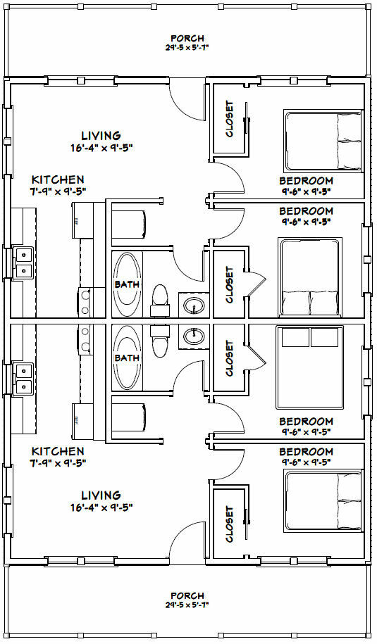 30×40 Duplex — 2 Bedroom 1 Bath — 1,200 sq ft — PDF Floor Plan — Model 4A