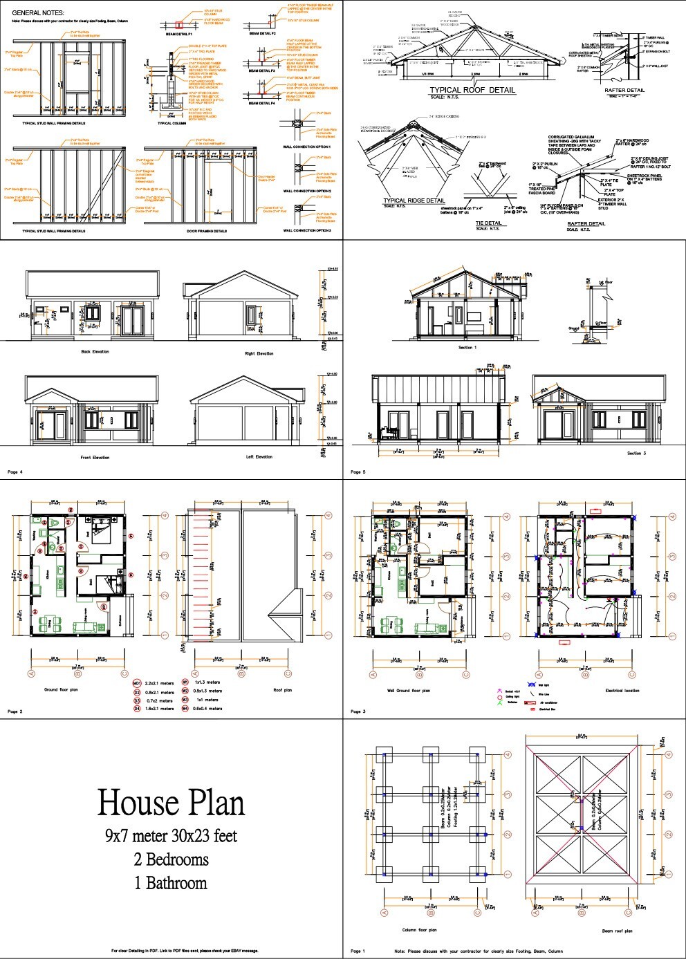 30×23 Feet Small House 9×7 Meter 2 Bed 1 Bath Gable Roof PDF Plan (A4 Hard Copy)