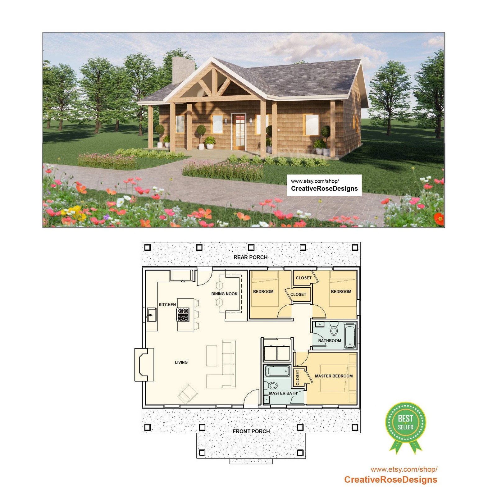 American Cottage House Plan 40×26 – 3 Bed 1040 SF – Custom Home Blueprints