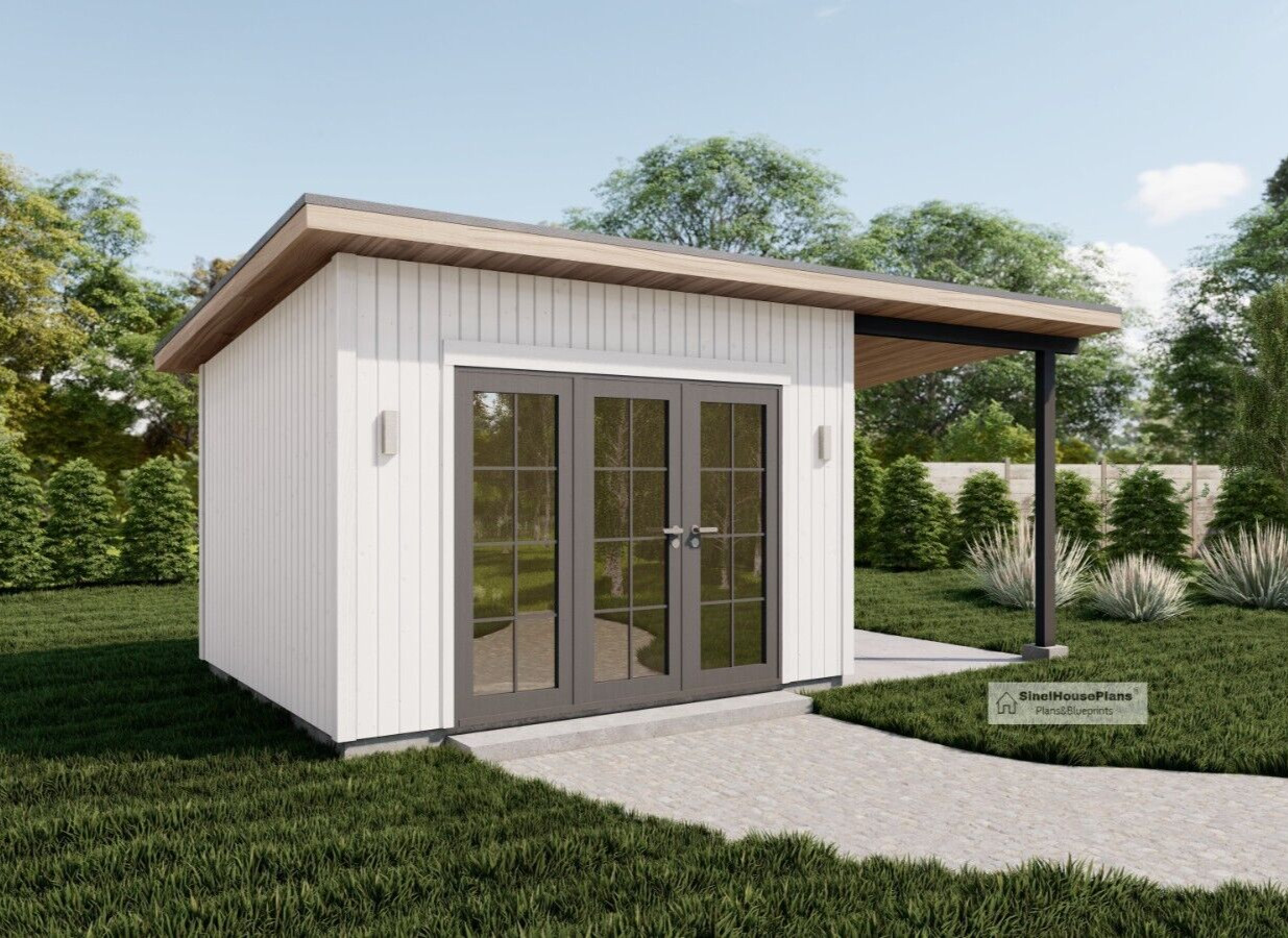 10’x20′ Modern Garden Shed Plans with Porch, Backyard Studio House blueprints