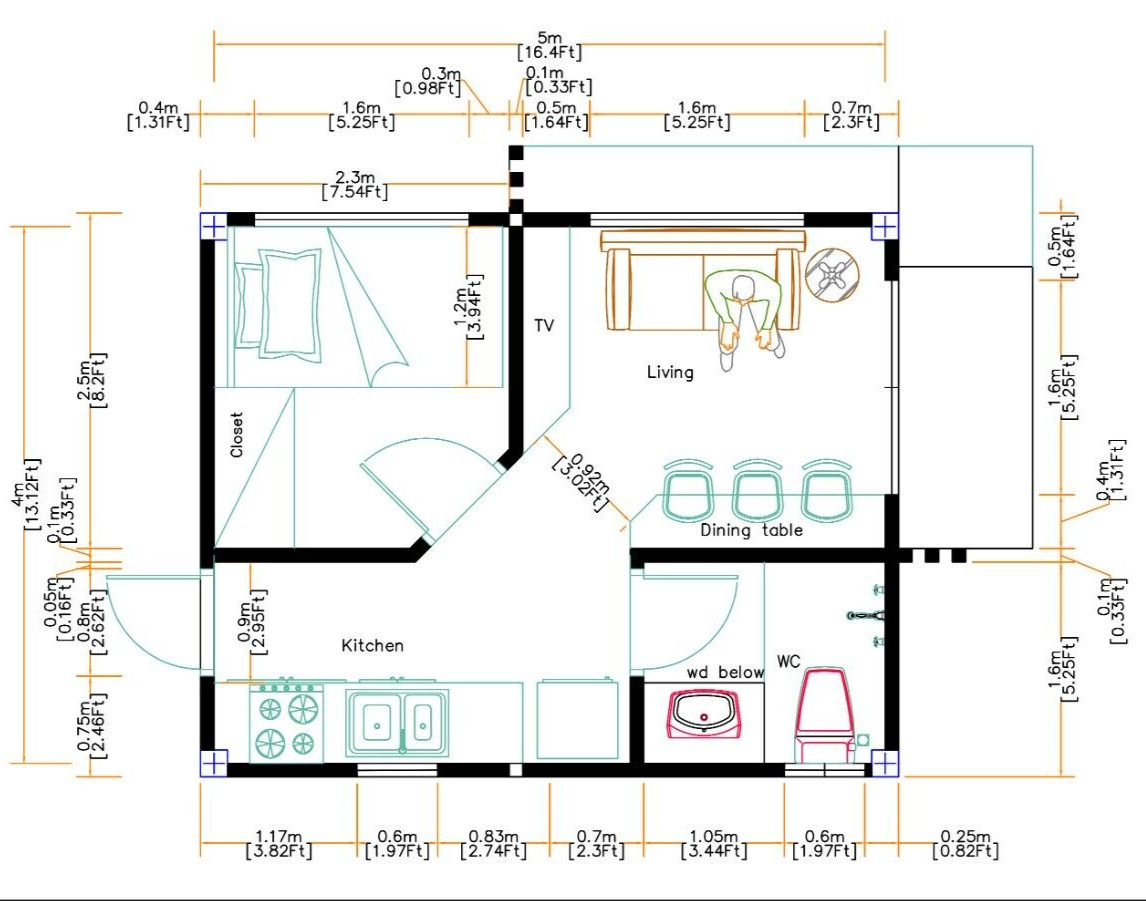 13×16 Small House 4×5 Meter 1 Bed 1 Bath Shed Roof PDF & A4 Hard Copy