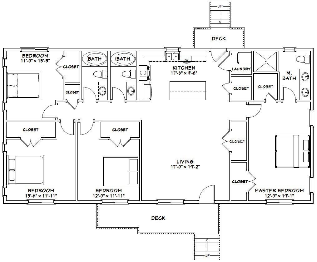60×30 House — 4 bedroom 3 Bath — 1,800 sqft — PDF Floor Plan — Model 4E