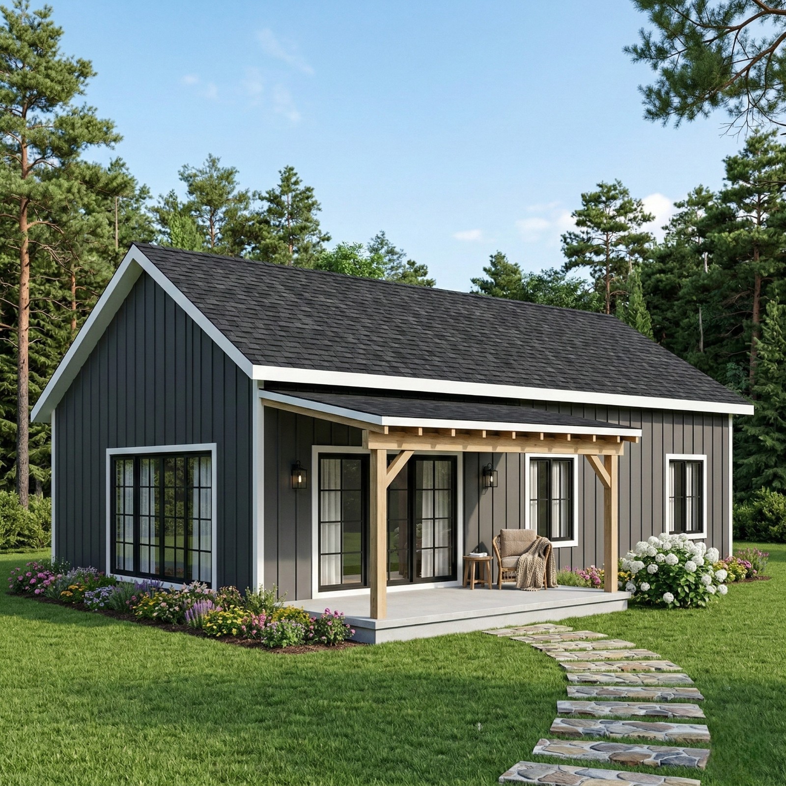 Cozy 2 Bedroom Cabin Plan with Covered Porch-20’x40′ Cottage Blueprints
