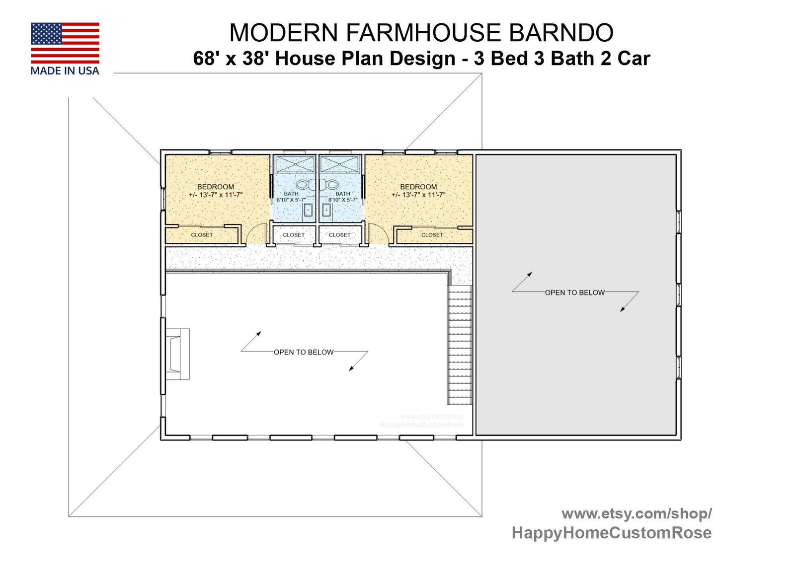 Farmhouse Barndo House Plan – 68×38, 3 Bed 3 Bath with 2-Car + RV Garage – Moder