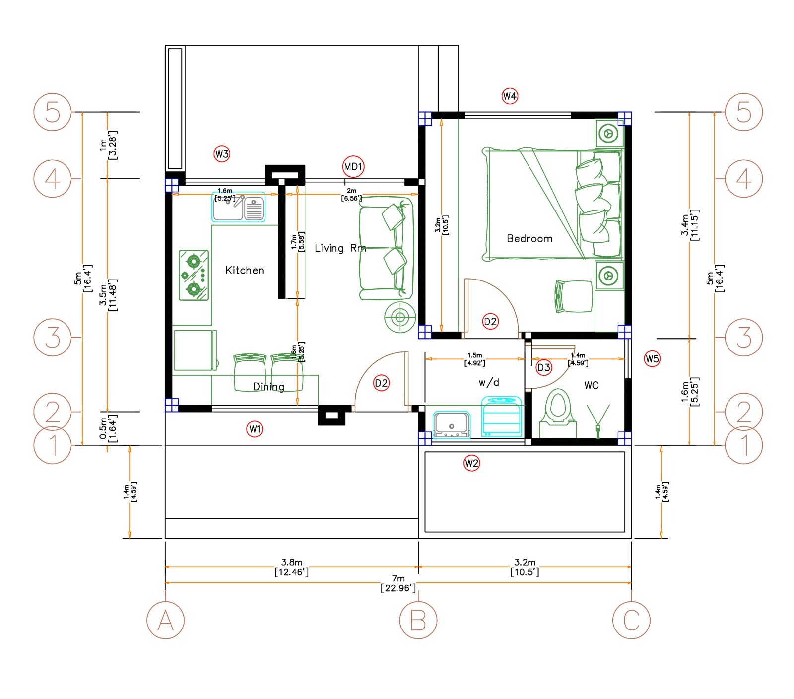 23×16 Feet Tiny House Plans 7×5 Meter One Bedroom Gable Roof PDF (A4 Hard Copy)