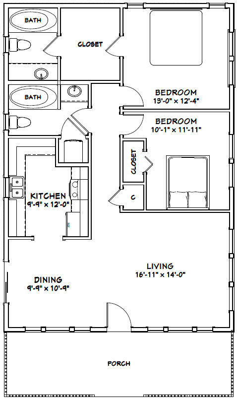 28×40 House — 2 Bedroom 2 Bath — PDF Floor Plan — 1,120 sq ft — Model 1B